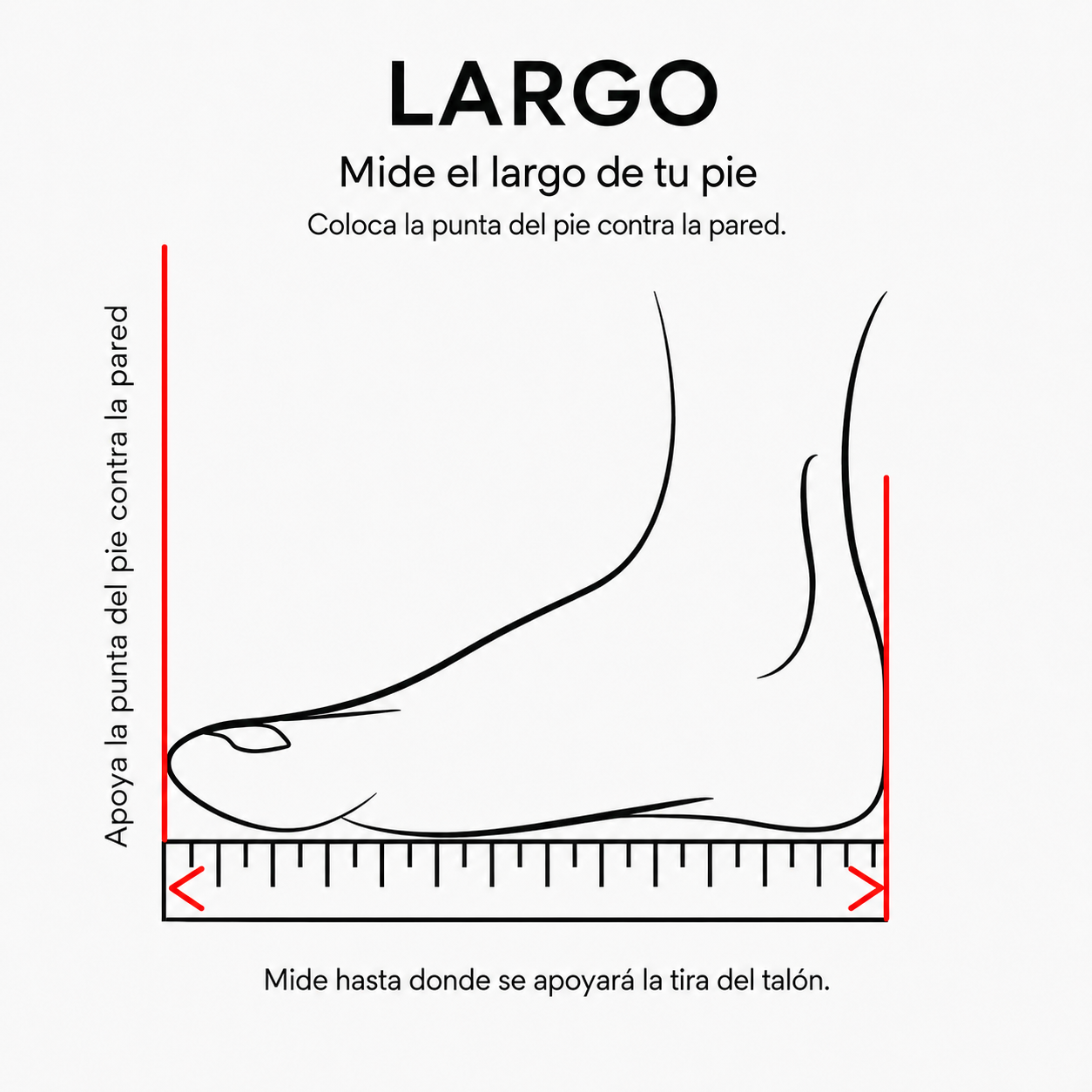 Guía para medir el largo del pie apoyando la punta contra la pared y midiendo hasta el talón